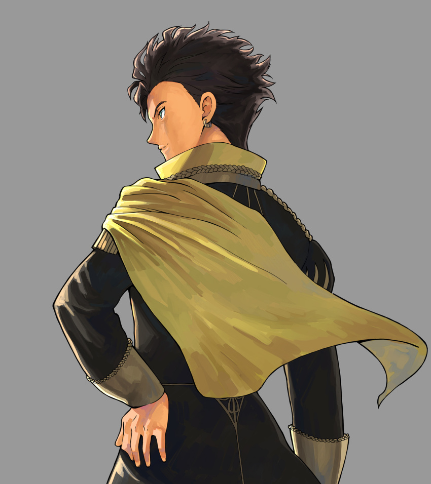 1boy, back, brown_hair, capelet, claude_von_regan_(fire_emblem), dark_skin, earrings, fire_emblem, fire_emblem:_three_houses, green_eyes, grey_background, highres, jewelry, male_focus, remon99, solo