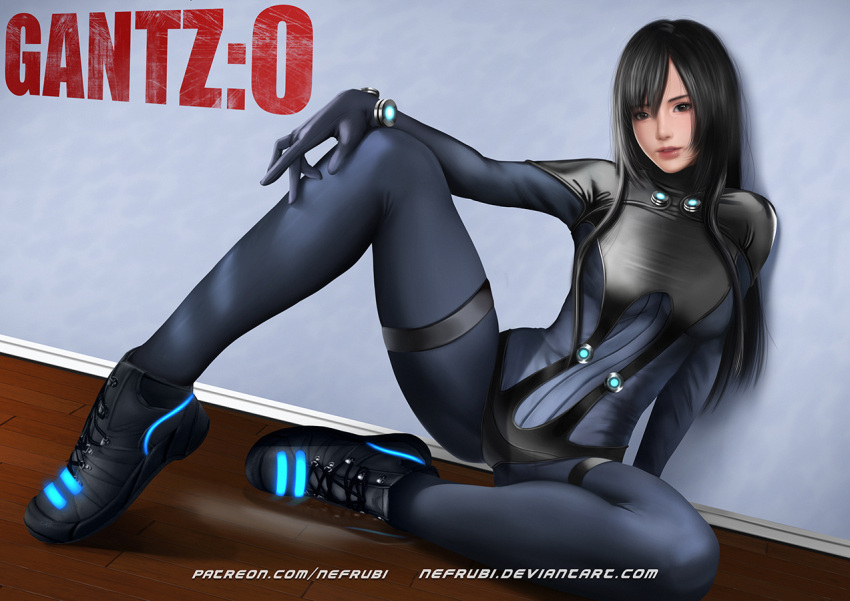 1girl, bangs, black_bodysuit, black_hair, bodysuit, breasts, brown_eyes, gantz