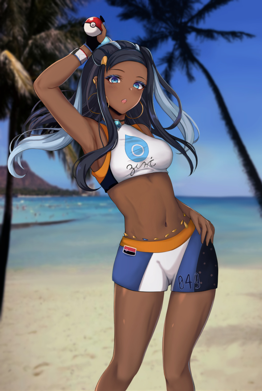 1girl, armlet, belly_chain, black_hair, blue_eyes, blue_hair, breasts, dark_skin