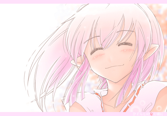 closed_eyes, gamute_de_kotei, higurashi_no_naku_koro_ni, japanese_clothes, miko, oyashiro-sama, pointy_ears, purple_hair