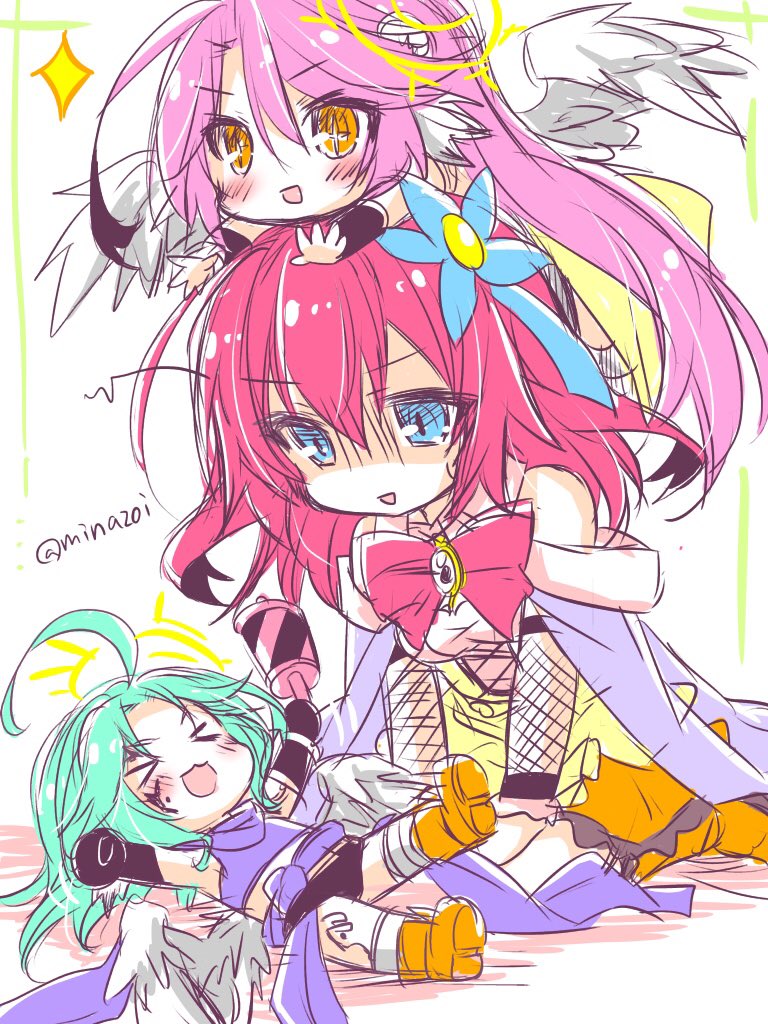 >_<, 3girls, :3, ahoge, angel_wings, aqua_hair, azriel_(no_game_no_life), black_gloves