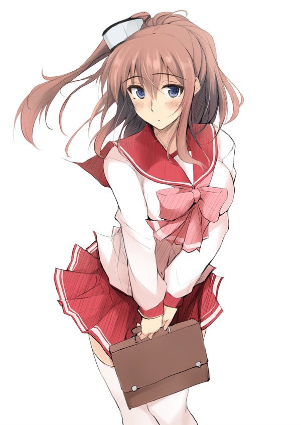 1girl, alternate_costume, bag, blue_eyes, blush, breasts, brown_hair, commentary_request