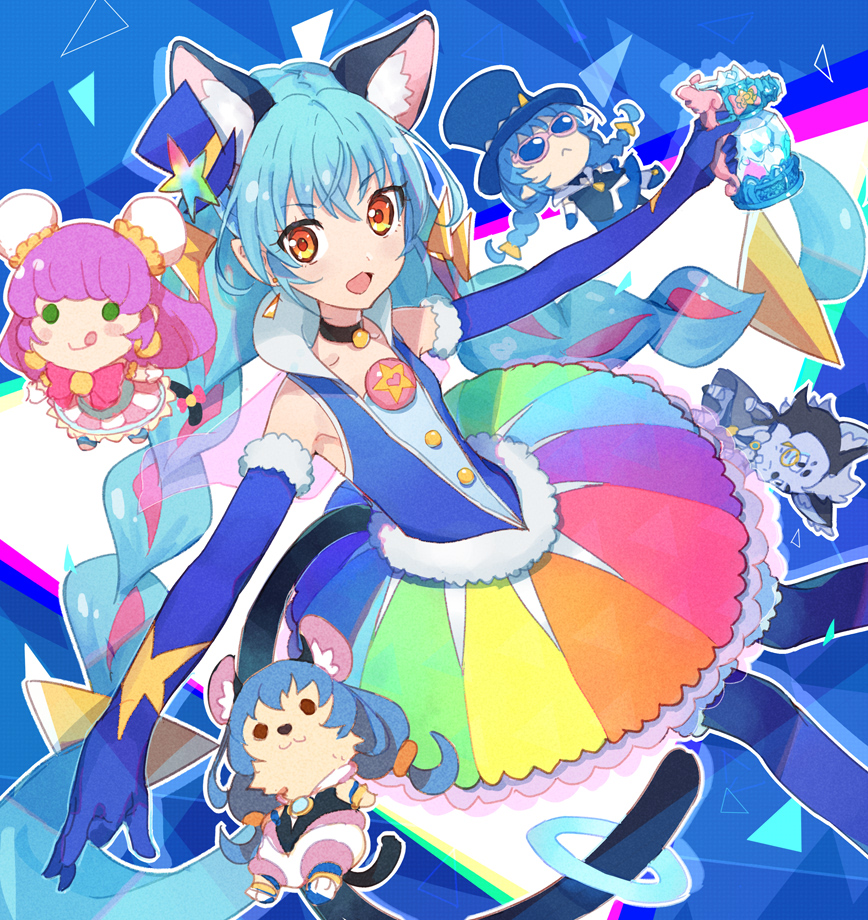 1boy, 4girls, :d, :q, abstract_background, animal_ears, bakenyan_(precure), black_neckwear