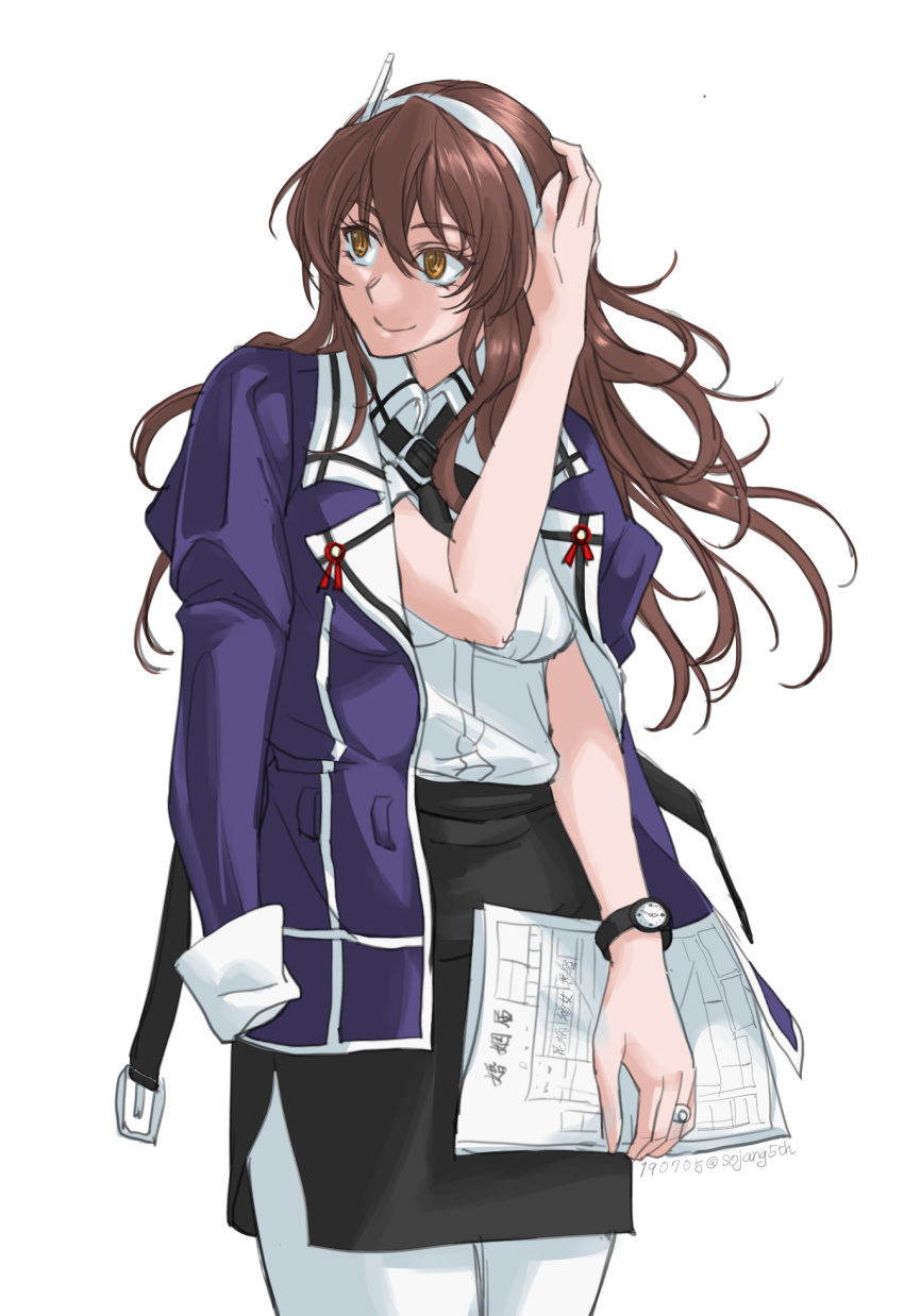 1girl, ashigara_(kantai_collection), black_skirt, brown_eyes, brown_hair, clothes_on_shoulders, commentary_request, cowboy_shot