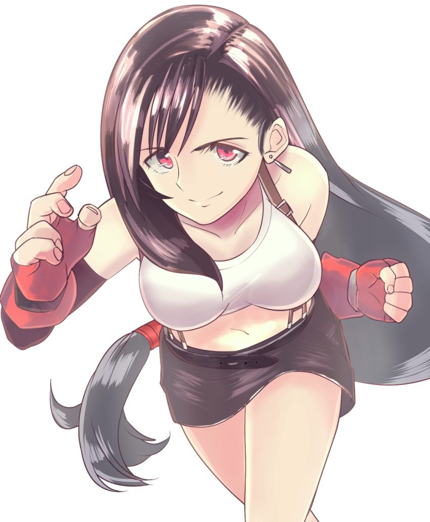 1girl, bangs, bare_shoulders, belt, black_skirt, breasts, brown_hair, clenched_hand, closed_mouth, collarbone, earrings, elbow_gloves, elbow_pads, fighting_stance, final_fantasy, final_fantasy_vii, fingerless_gloves, gloves, hand_up, highres, jewelry, large_breasts, long_hair, looking_at_viewer, low-tied_long_hair, midriff, miniskirt, navel, red_eyes, shirt, skirt, smile, solo, stomach, suspender_skirt, suspenders, tank_top, taut_clothes, taut_shirt, tifa_lockhart, toragon, white_shirt