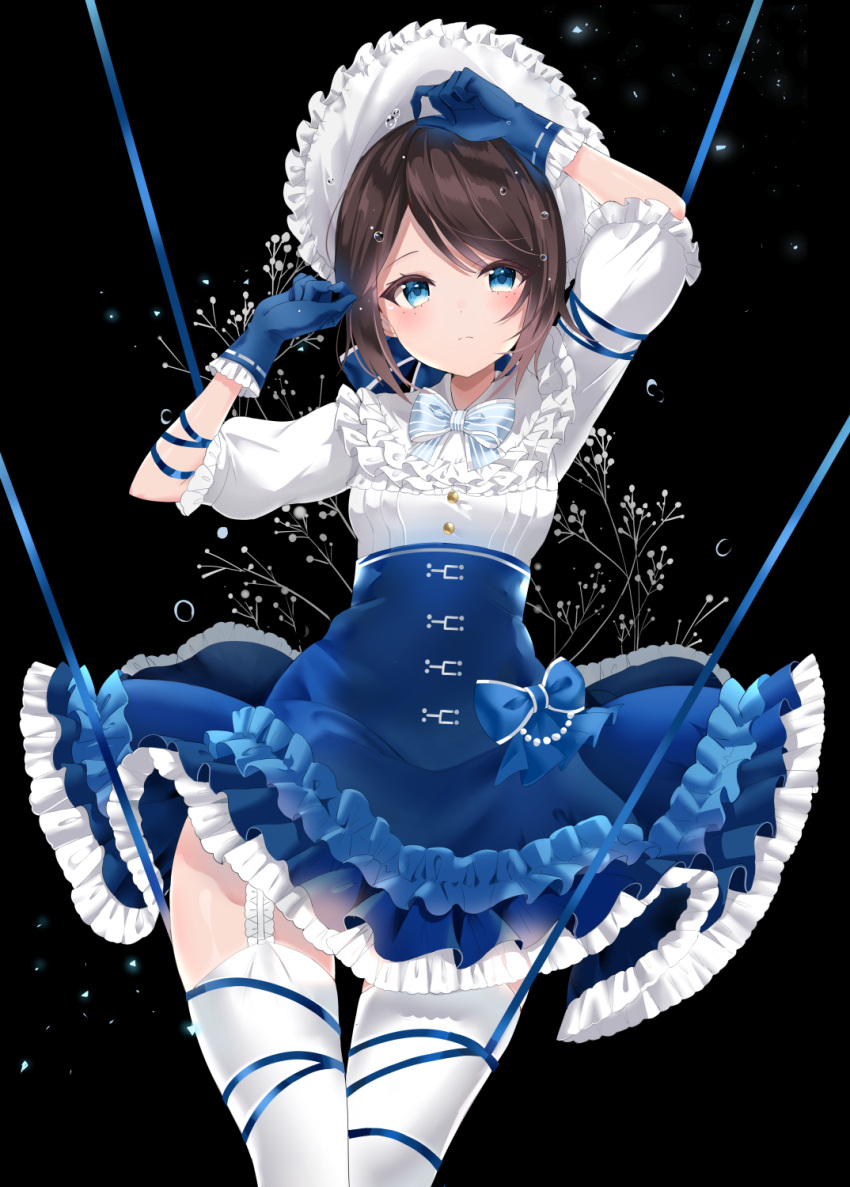 1girl, alternate_costume, arms_up, black_background, blue_bow, blue_dress, blue_eyes, blue_gloves