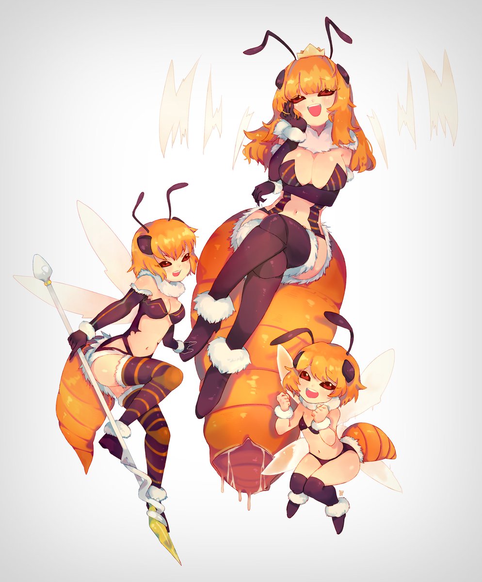 1girl, 3girls, antennae, bangs, bee, bee_girl, benzbt, black_footwear