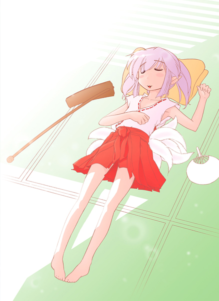 gamute_de_kotei, higurashi_no_naku_koro_ni, japanese_clothes, miko, oyashiro-sama, pointy_ears, purple_hair, sleeping