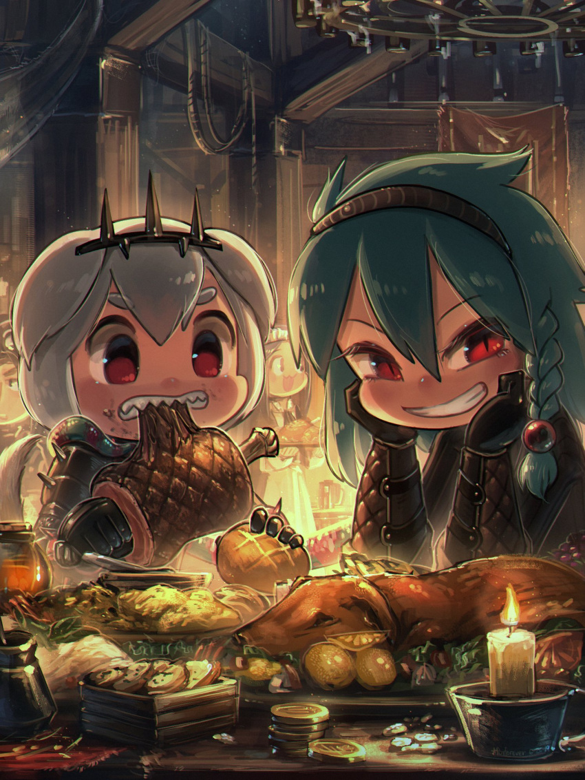2girls, animal_ears, artist_name, bangs, beads, black_gloves, boned_meat, bracer