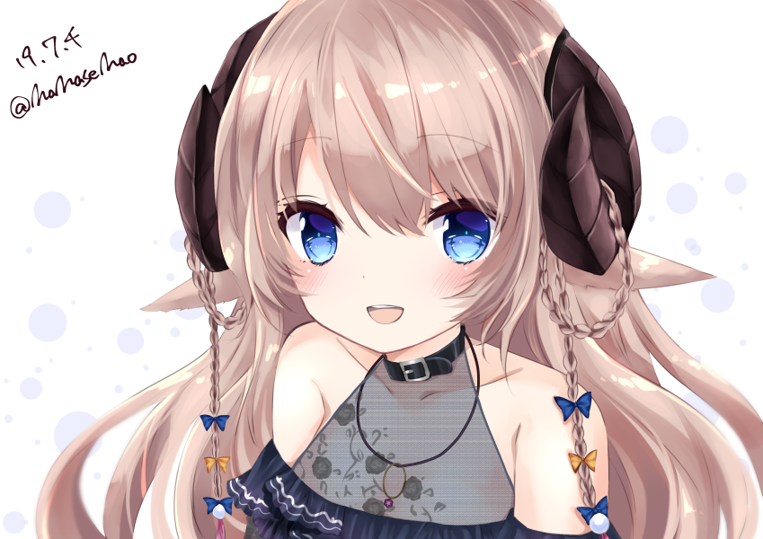 1girl, :d, animal_ear_fluff, animal_ears, bangs, bare_shoulders, blue_bow, blue_dress