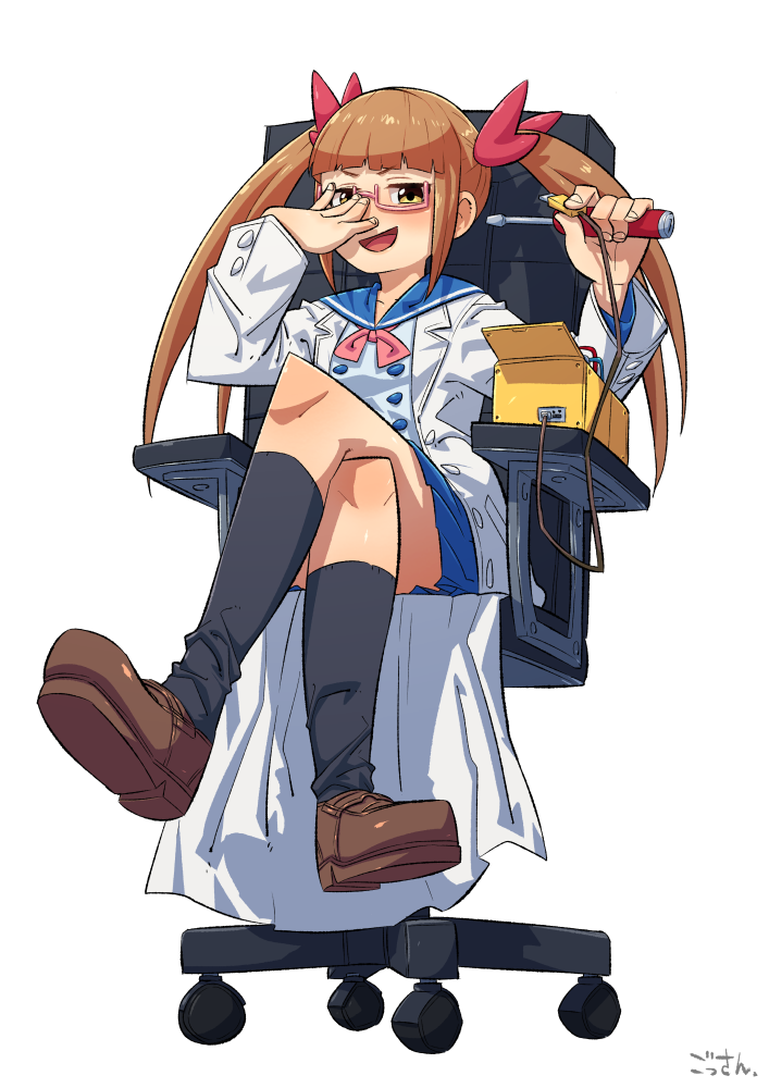 1girl, :d, adjusting_eyewear, bangs, black_legwear, blue_skirt, blunt_bangs, brown_footwear