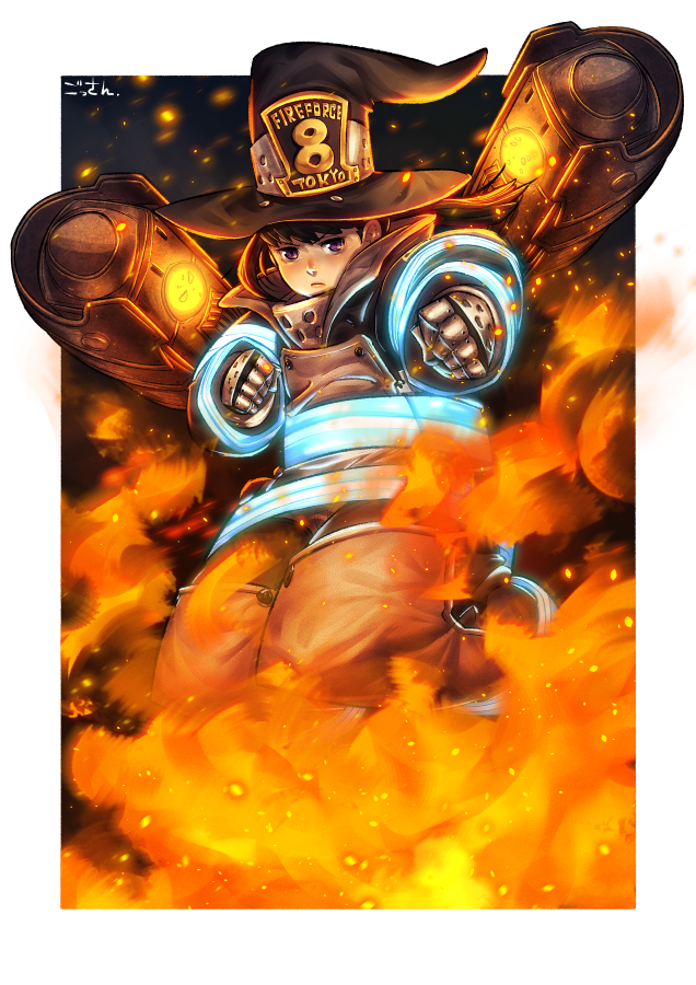 1girl, baggy_clothes, black_hair, black_headwear, clenched_hand, dark_background, enen_no_shoubotai, fire, gauntlets, gossan, looking_at_viewer, maki_oze, punching, solo, standing, uniform, violet_eyes