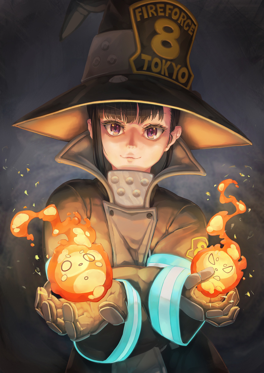 1girl, black_hair, black_headwear, crossed_arms, enen_no_shoubotai, fire, grey_background, gsong-chan, highres, looking_at_viewer, maki_oze, smile, solo, standing, uniform, violet_eyes