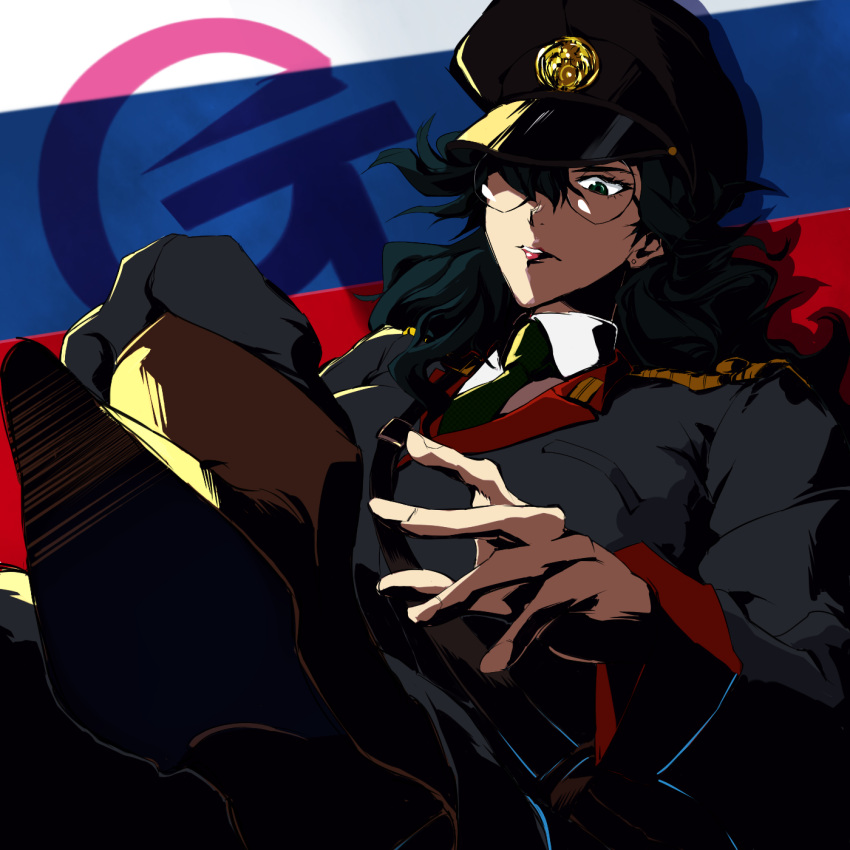 1girl, brown_footwear, g_gundam, glasses, green_eyes, green_neckwear, gundam, hair_over_one_eye