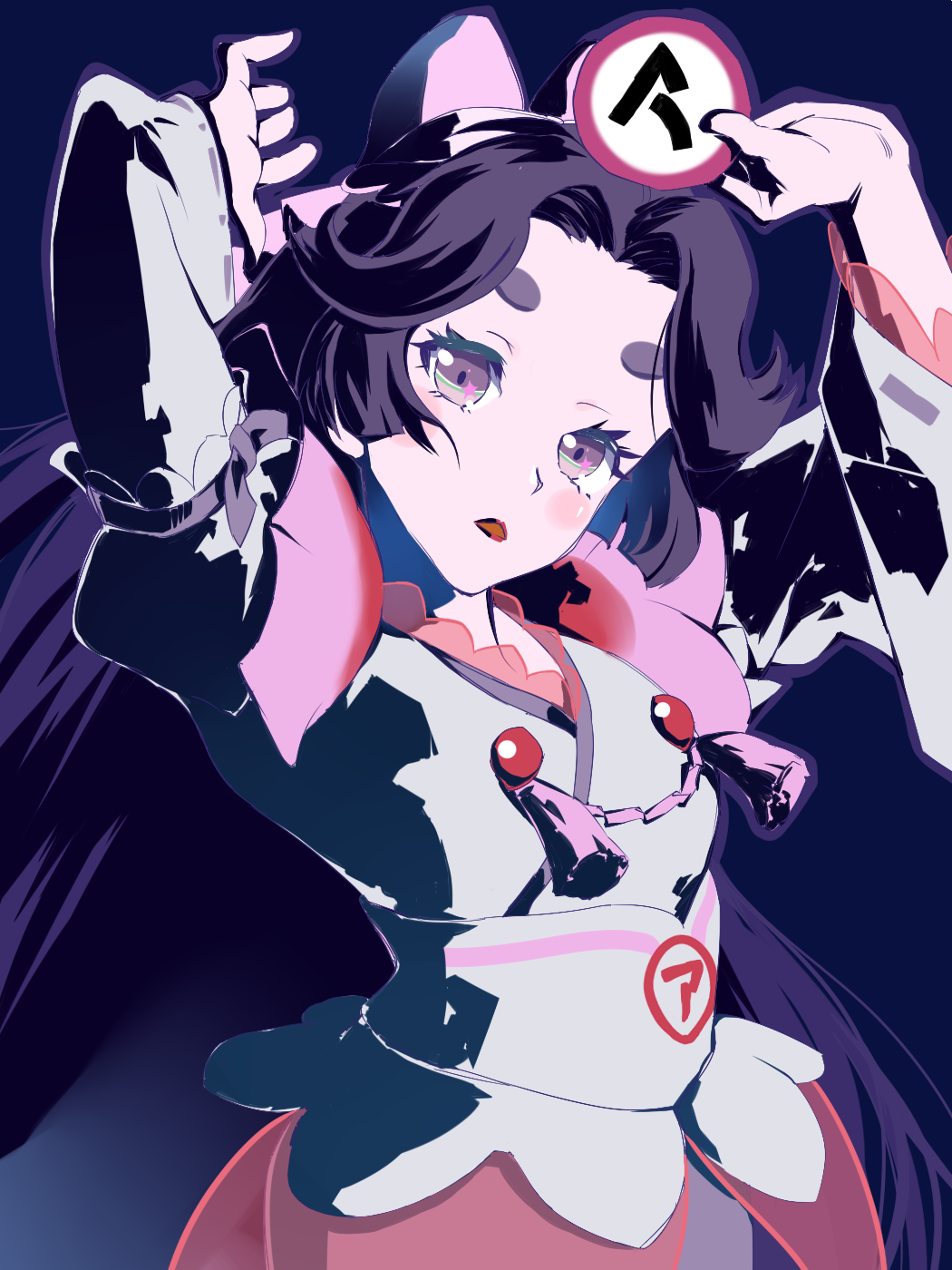 1girl, arms_up, azuma_sara, bangs, black_hair, bow, dress, hair_bow