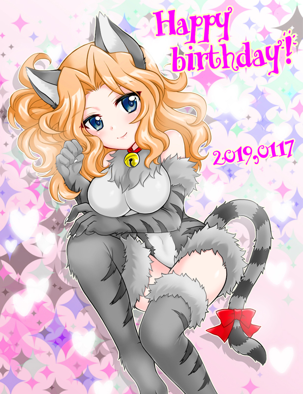 1girl, animal_costume, animal_ears, bell, bell_collar, bow, breasts, burafu, cat_costume, cat_ears, cat_tail, claws, clenched_hand, closed_mouth, collar, commentary_request, covered_navel, dated, dutch_angle, elbow_gloves, eyebrows_visible_through_hair, fur-trimmed_collar, fur-trimmed_gloves, fur-trimmed_legwear, fur-trimmed_leotard, fur_trim, girls_und_panzer, gloves, grey_gloves, grey_leotard, happy_birthday, kay_(girls_und_panzer), kemonomimi_mode, large_breasts, leotard, lying, multicolored, multicolored_background, on_side, partial_commentary, print_gloves, print_legwear, print_leotard, red_bow, shadow, sleeveless, smile, solo, tail, tail_bow, thigh-highs