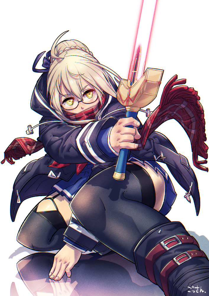 1girl, ahoge, artoria_pendragon_(all), bangs, belt, black-framed_eyewear, black_jacket, black_legwear, blonde_hair, blue_skirt, braid, fate_(series), garter_straps, glasses, gossan, hair_between_eyes, holding, holding_sword, holding_weapon, jacket, looking_at_viewer, mysterious_heroine_x_(alter), plaid, plaid_scarf, red_scarf, reflection, scarf, semi-rimless_eyewear, simple_background, skirt, solo, squatting, sword, thigh-highs, under-rim_eyewear, weapon, white_background, yellow_eyes