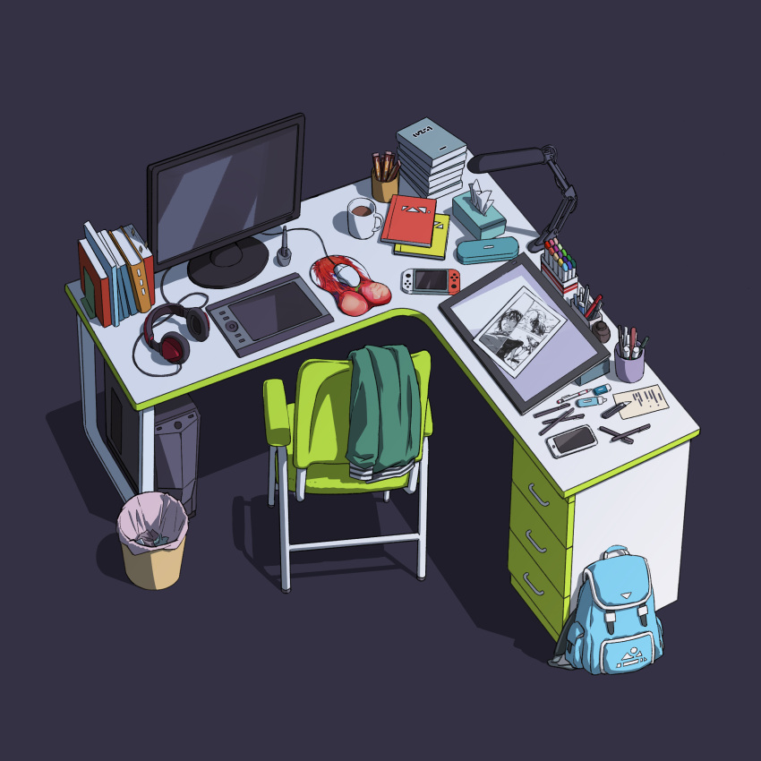 backpack, bag, book, bookend, box, breast_mousepad, cable, chair