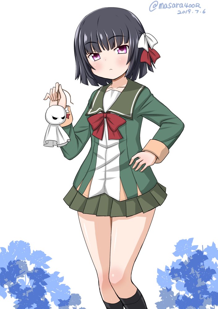 1girl, black_hair, black_legwear, bow, dated, feet_out_of_frame, green_jacket, green_skirt