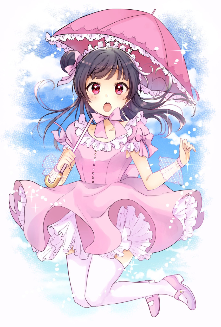 1girl, :o, bangs, black_hair, blue_sky, blunt_bangs, bow, bowtie, clouds, collarbone, frill_trim, frills, hair_ribbon, hairband, highres, kazehana_(spica), lace, lavender_dress, lavender_footwear, lavender_neckwear, lavender_ribbon, lolita_fashion, lolita_hairband, long_hair, looking_at_viewer, love_live!, love_live!_sunshine!!, open_mouth, pink_umbrella, red_eyes, ribbon, short_sleeves, side_bun, sky, thigh-highs, tsushima_yoshiko, umbrella, white_legwear, wristband