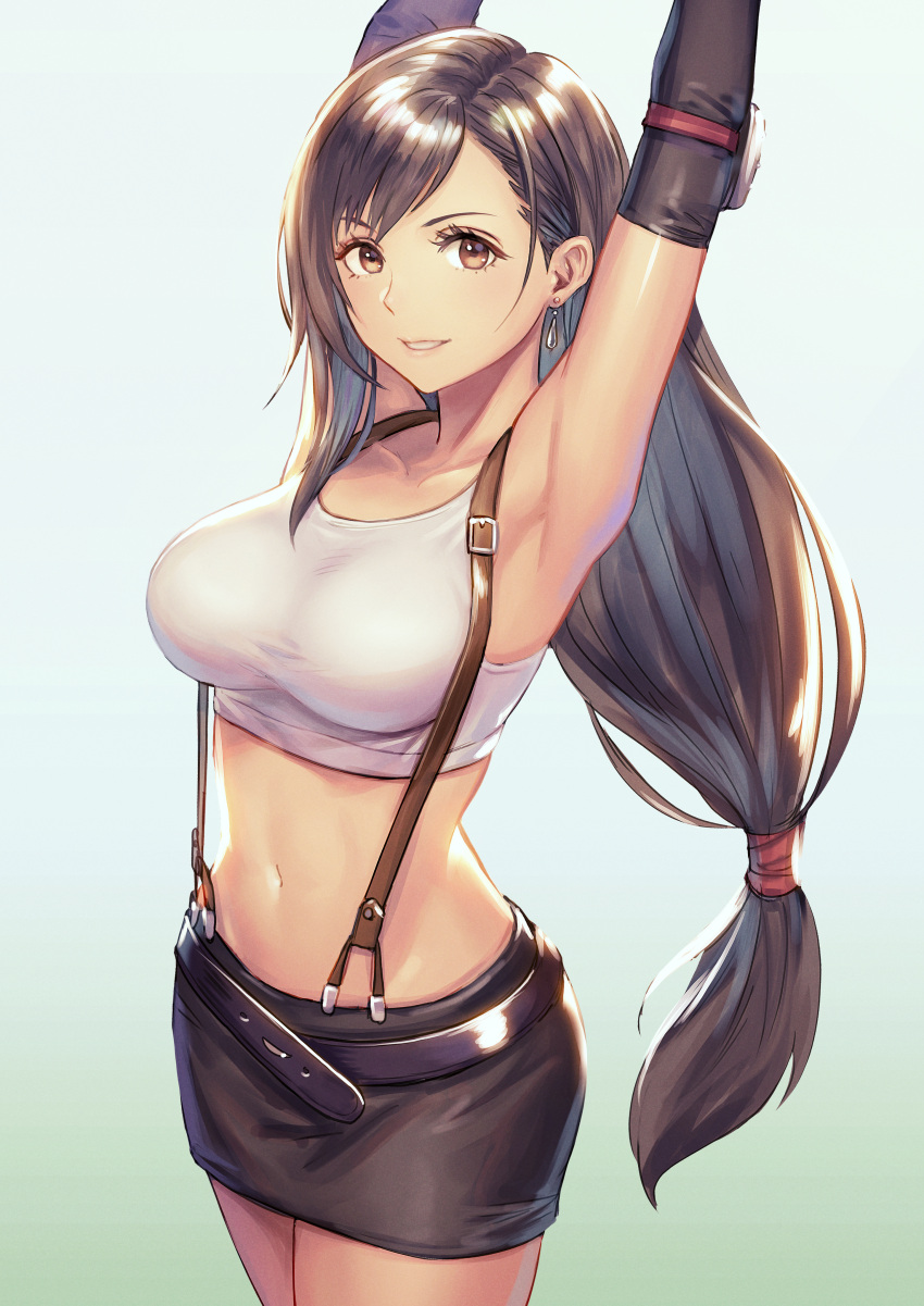 1girl, :d, absurdres, anbe_yoshirou, armpits, arms_up, bare_shoulders, belt, black_hair, black_skirt, breasts, brown_eyes, collarbone, cowboy_shot, crop_top, earrings, elbow_pads, eyelashes, final_fantasy, final_fantasy_vii, gradient, gradient_background, highres, jewelry, large_breasts, long_hair, looking_at_viewer, low-tied_long_hair, midriff, miniskirt, navel, open_mouth, pencil_skirt, shirt, skirt, sleeveless, sleeveless_shirt, smile, solo, square_enix, standing, stomach, suspender_skirt, suspenders, tank_top, taut_clothes, taut_shirt, tifa_lockhart, very_long_hair, white_shirt
