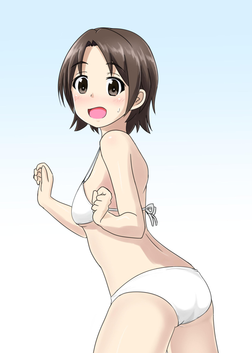 1girl, absurdres, ass, back, bangs, bikini, blue_background, blush
