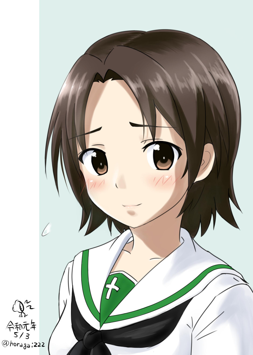 1girl, absurdres, artist_logo, bangs, black_neckwear, blouse, brown_eyes, brown_hair