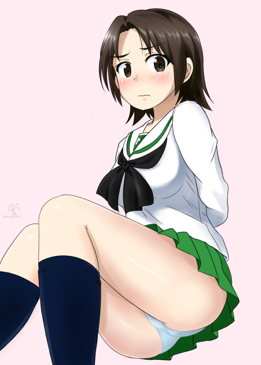 1girl, absurdres, arms_behind_back, artist_logo, ass, bangs, black_legwear, black_neckwear, blouse, blue_panties, brown_eyes, brown_hair, closed_mouth, commentary_request, crotch_seam, eyebrows_visible_through_hair, frown, girls_und_panzer, green_skirt, highres, horagai_(horagai222), invisible_chair, legs, long_sleeves, looking_at_viewer, miniskirt, neckerchief, ooarai_school_uniform, panties, parted_bangs, partial_commentary, pink_background, pleated_skirt, sawa_azusa, school_uniform, serafuku, short_hair, simple_background, sitting, skirt, socks, solo, underwear, white_blouse