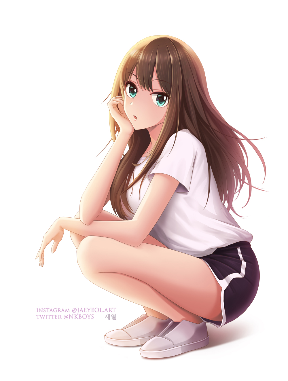 1girl, aqua_eyes, bangs, black_shorts, brown_hair, eyebrows_visible_through_hair, floating_hair, full_body, head_rest, highres, idolmaster, idolmaster_cinderella_girls, long_hair, looking_at_viewer, nkboys2012, open_mouth, shibuya_rin, shirt, short_shorts, short_sleeves, shorts, simple_background, solo, squatting, twitter_username, white_background, white_footwear, white_shirt