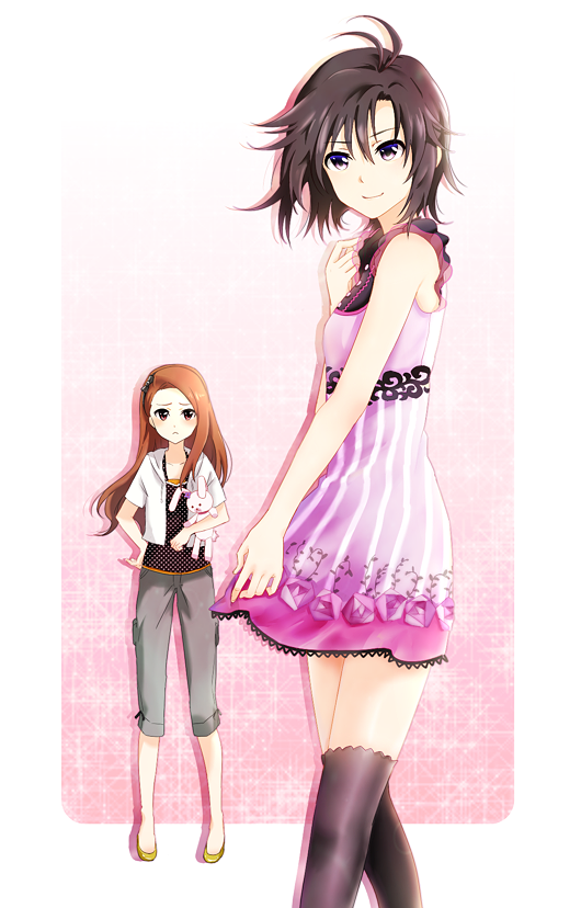 2girls, antenna_hair, black_eyes, black_hair, black_hairband, black_legwear, black_shirt, brown_hair