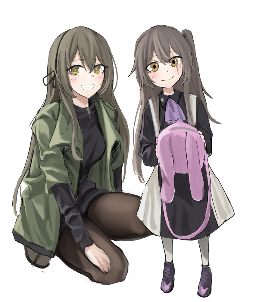 2girls, brown_eyes, brown_hair, bunny_backpack, girls_frontline, grin, highres, jacket