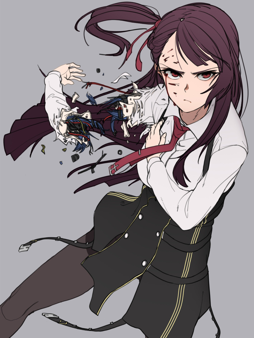 1girl, absurdres, bangs, belt, black_legwear, blood, closed_mouth, commentary