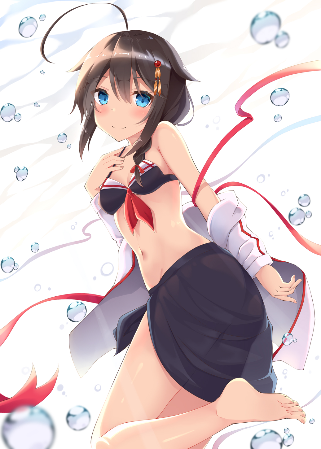 ahoge, alternate_costume, aroma0501, barefoot, black_bikini_top, black_hair, blue_eyes, braid