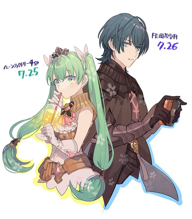 1boy, 1girl, a082, armor, black_armor, black_gloves, blue_eyes, blue_hair