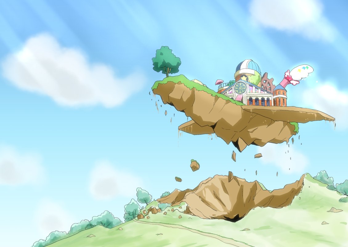 clouds, cloudy_sky, commentary, day, dirt_road, floating_island, hill, itommy, light_rays, no_humans, outdoors, parody, planetarium, precure, road, sky, star_color_pen, star_twinkle_precure, suite_precure, sunbeam, sunlight, tree, umbrella