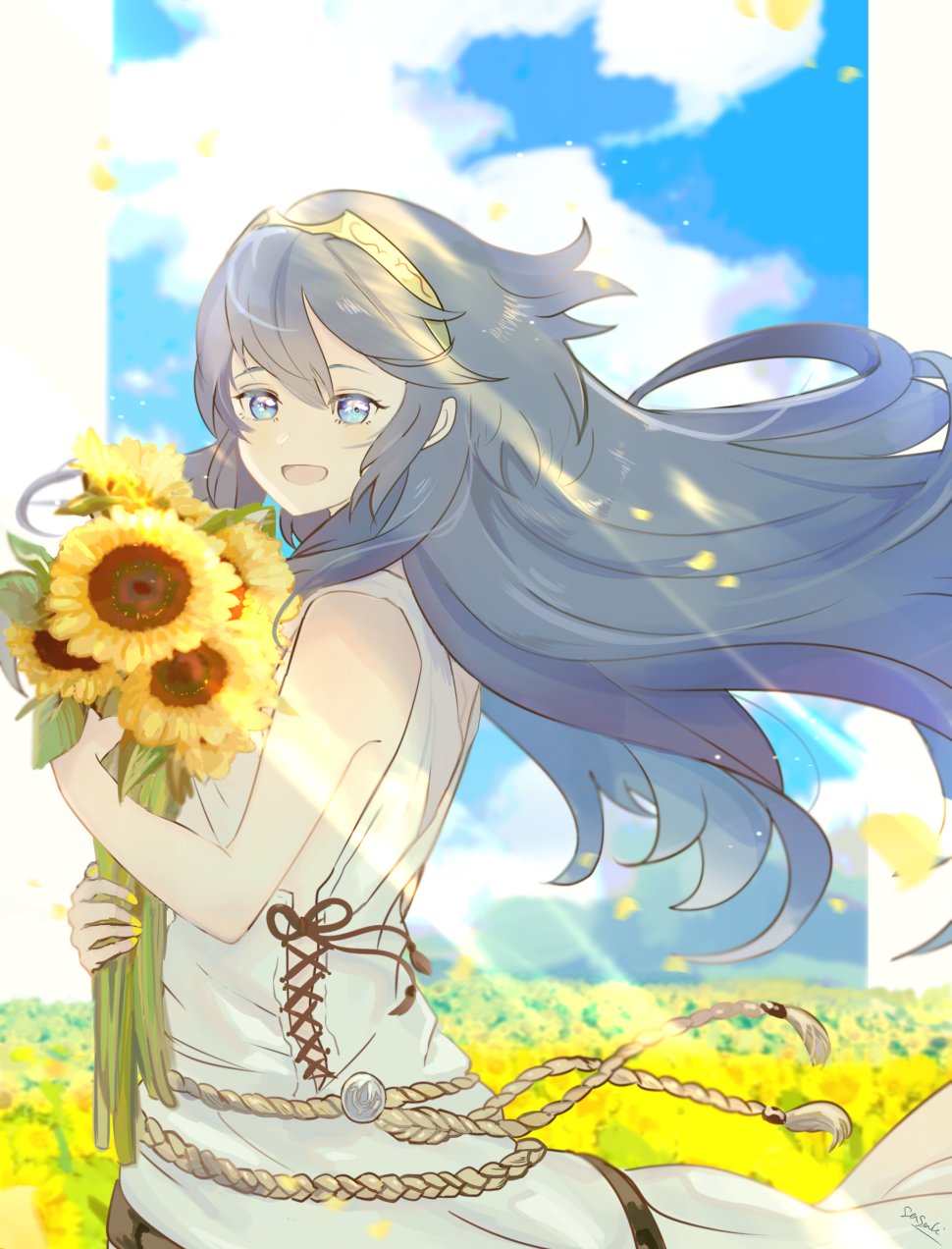 1girl, blue_eyes, blue_hair, field, fire_emblem, fire_emblem_awakening, flower, flower_field