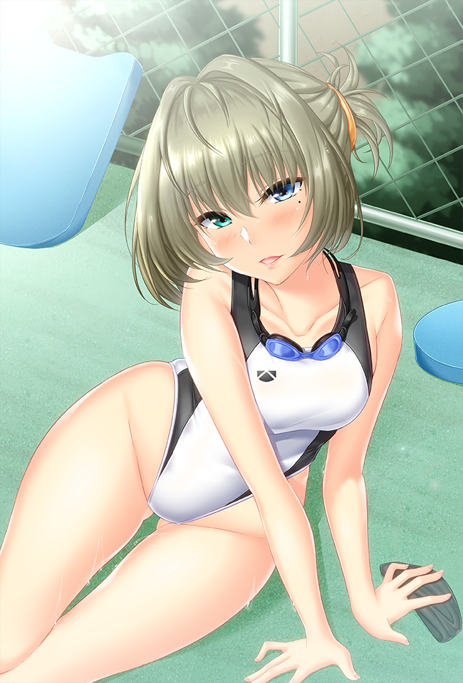 1girl, ame_isshiki, arm_support, ass_visible_through_thighs, blue_eyes, brown_hair, chain-link_fence, collarbone