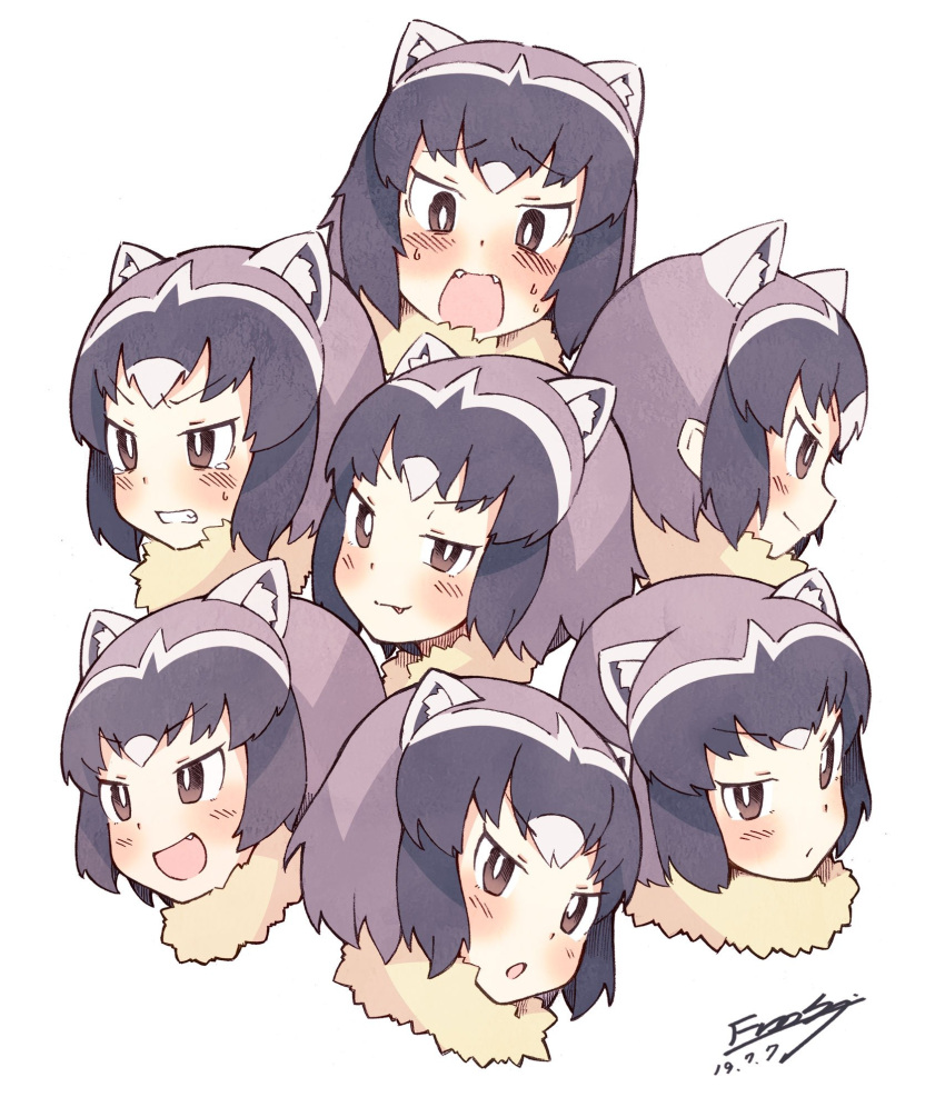6+girls, :p, animal_ears, blue_hair, blush, brown_eyes, commentary_request, common_raccoon_(kemono_friends)