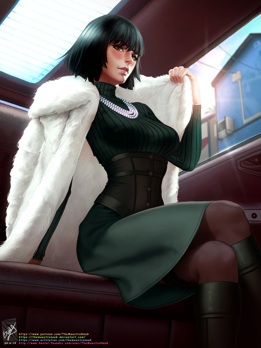 1girl, bangs, blue_sky, blush, breasts, building, car_interior, car_seat