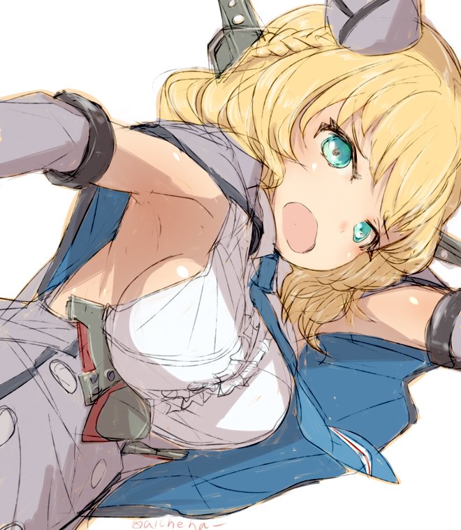 1girl, alchera, blonde_hair, blue_eyes, blue_neckwear, breasts, capelet, colorado_(kantai_collection)