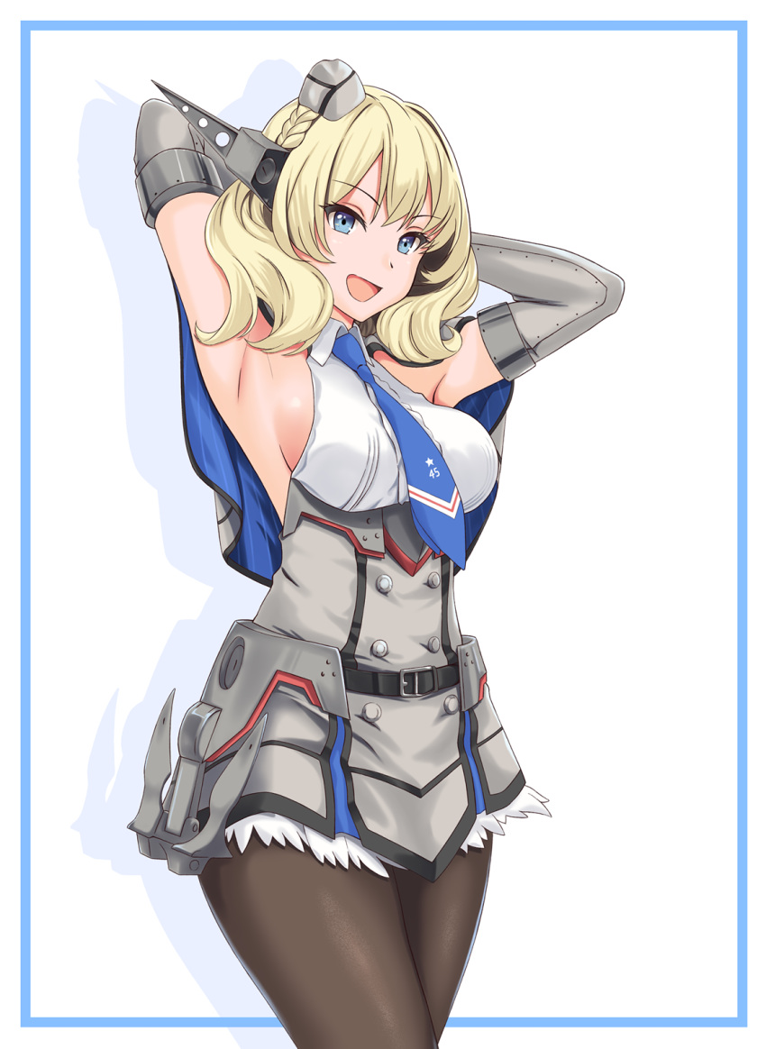 1girl, arms_behind_head, black_legwear, blonde_hair, blue_eyes, blue_neckwear, breasts, capelet