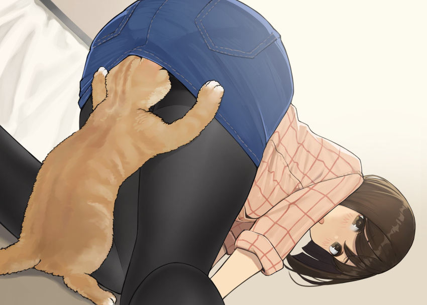 1girl, all_fours, animal, ass, black_legwear, blush, brown_eyes, brown_hair