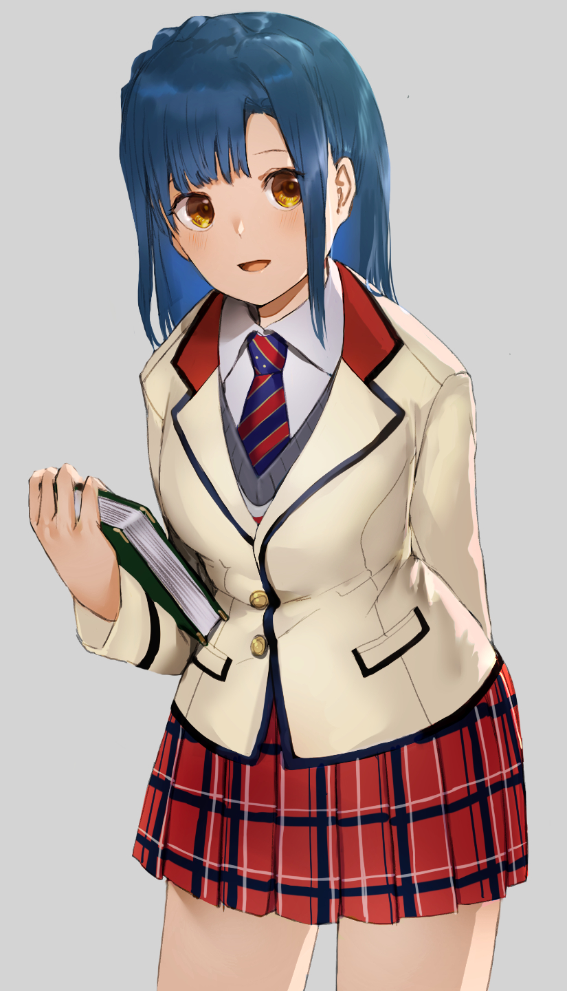 1girl, :d, bangs, beige_jacket, blazer, blue_hair, braid, brown_eyes