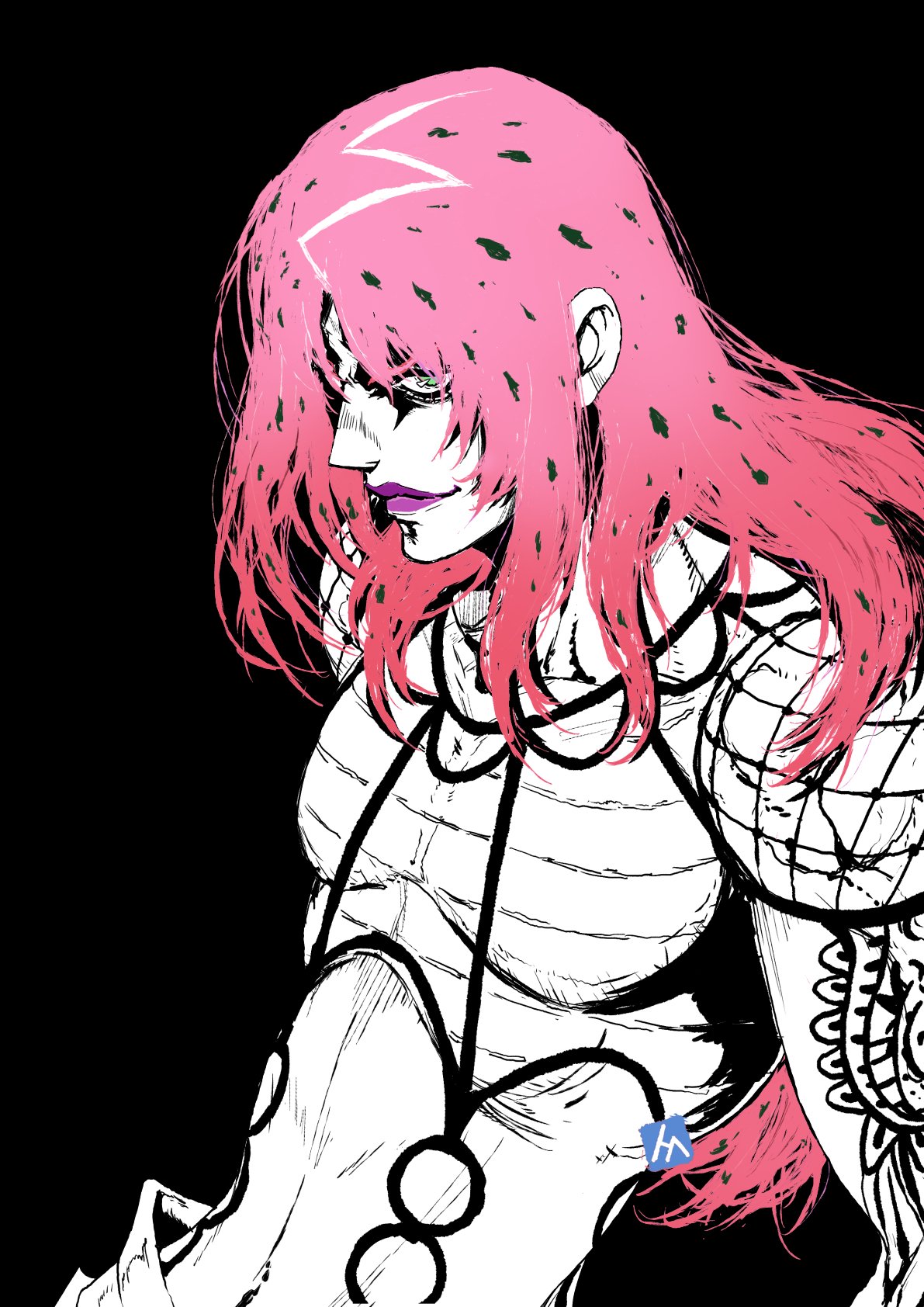 1boy, black_background, diavolo, green_hair, hair_over_one_eye, highres, jojo_no_kimyou_na_bouken, lipstick