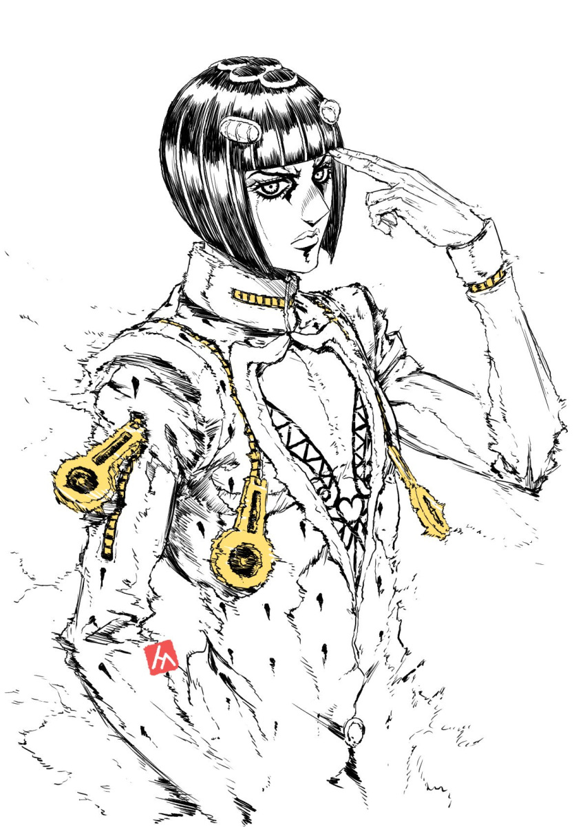 1boy, black_hair, bob_cut, bruno_buccellati, fading, highres, jojo_no_kimyou_na_bouken, jojo_pose, looking_at_viewer, machida_shin'ichi, male_focus, pose, signature, spirit, spot_color, vento_aureo, white_background