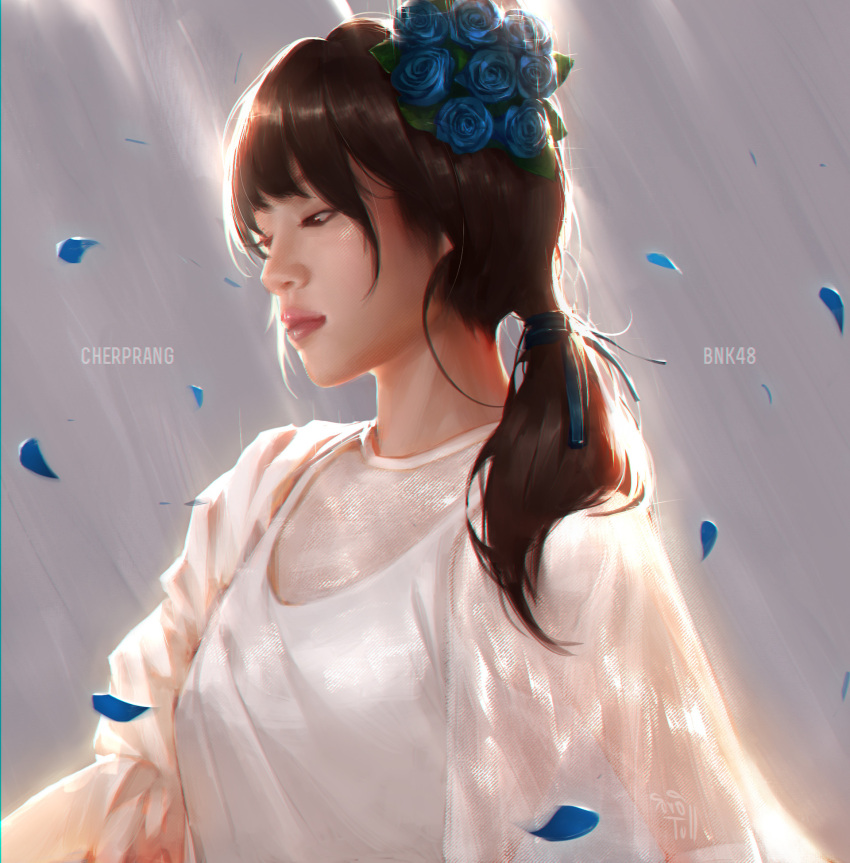 1girl, blue_flower, bnk48, brown_eyes, character_name, cherprang_areekul, copyright_name, flower, grey_background, hair_flower, hair_ornament, hair_tie, highres, long_hair, petals, real_life, realistic, solo, tollrin-senpai, upper_body