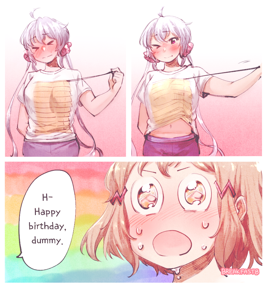 >_<, >_o, 2girls, :o, arm_behind_back, artist_name, blush, breakfastb