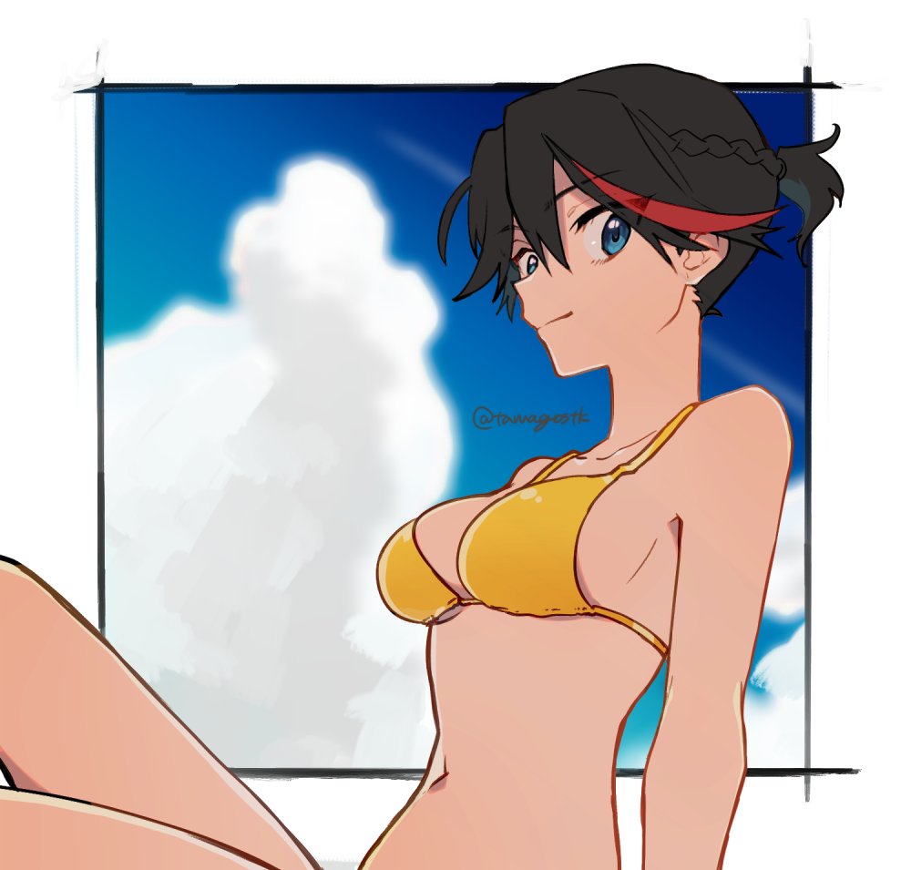 1girl, alternate_hairstyle, bangs, bikini, black_border, black_hair, blue_eyes, blue_sky