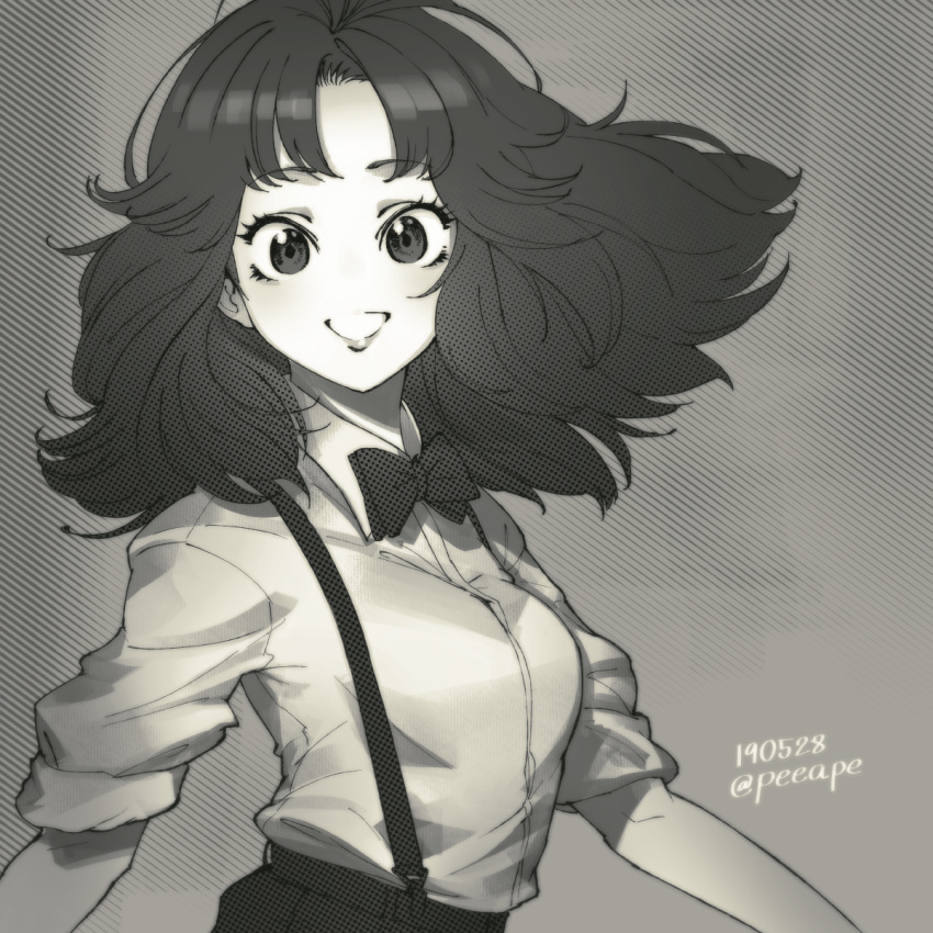 1girl, bangs, black_hair, black_neckwear, bow, bowtie, collared_shirt, dress_shirt