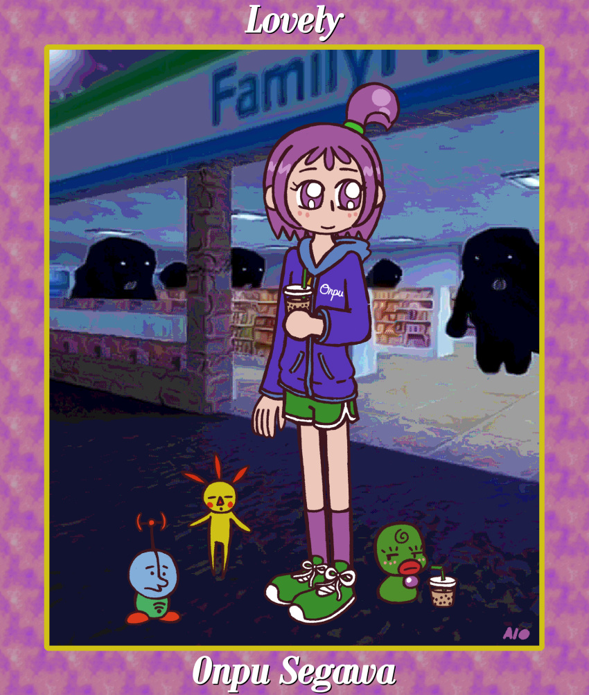 alternate_costume, ancodia10, artist_name, border, bubble_tea, convenience_store, flat_chest, gym_shorts, highres, hood, hoodie, majo_rika, monogram, ojamajo_doremi, patterned_background, purple_hair, segawa_onpu, shoes, shop, shorts, sneakers, title, violet_eyes